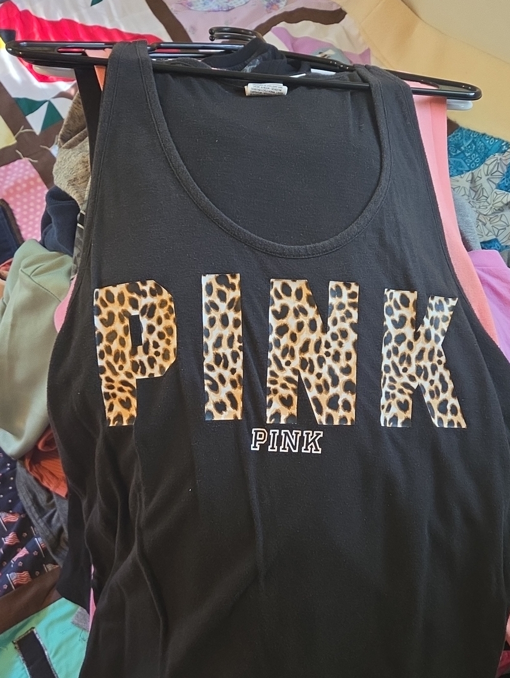 PINK Victoria's Secret Black Tank with Leopard PINK Letters